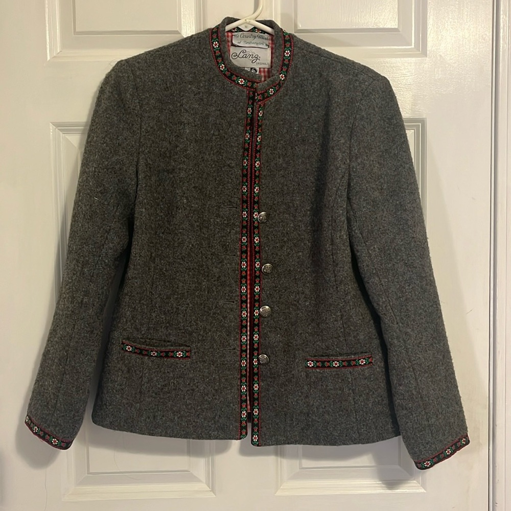 Vintage wool jacket, Lanz Originals, grey wool with red, white, and green accent